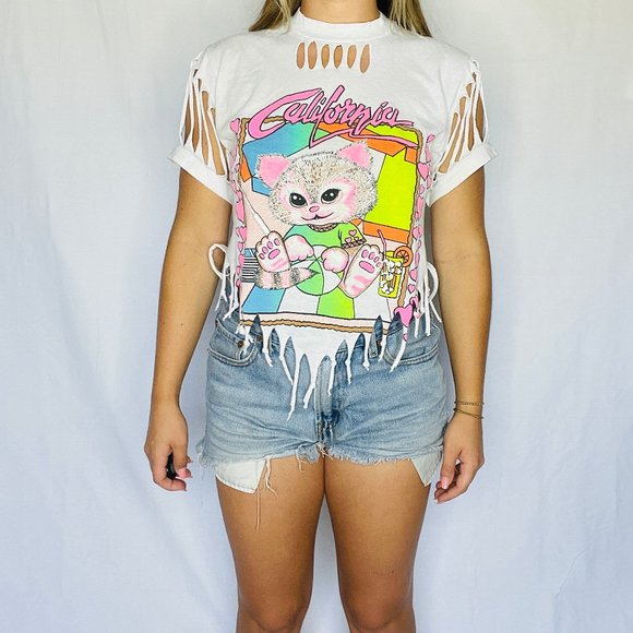 Vintage 90's Neon California Beach Cat Fringe Top Adult Small - Picture 1 of 5